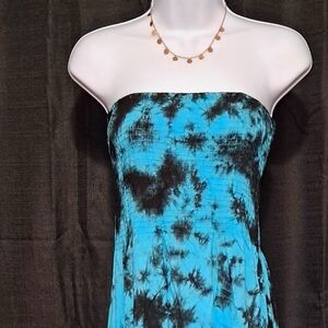 Blue and Black Tie-Dye Strapless Dress
